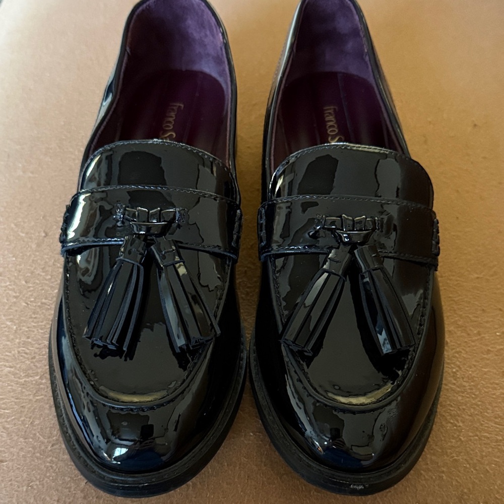 Franco Sarto Shiny Black Loafers with Tassels